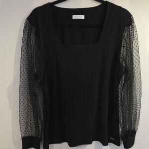Calvin Klein Black Top with Sheer Polka Dot Sleeves